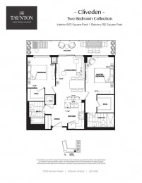 Two bedroom, two bathroom apartment layout at The Taunton in Oakville, ON