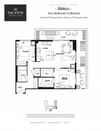 Two bedroom, two bathroom apartment layout at The Taunton in Oakville, ON
