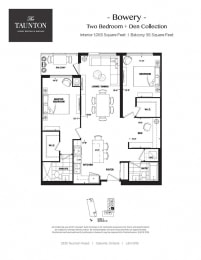 Two bedroom plus den, two bathroom apartment layout at The Taunton in Oakville, ON