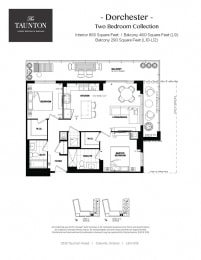Two bedroom, two bathroom apartment layout at The Taunton in Oakville, ON