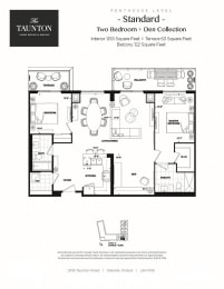 Two bedroom plus den, two bathroom apartment layout at The Taunton in Oakville, ON