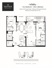 Two bedroom plus den, two bathroom apartment layout at The Taunton in Oakville, ON