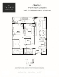 Two bedroom, two bathroom apartment layout at The Taunton in Oakville, ON