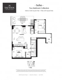 Two bedroom, two bathroom apartment layout at The Taunton in Oakville, ON
