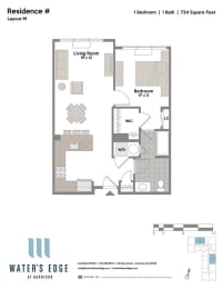 Layout M 1 Bed 1 Bath Floor Plan at Water's Edge, New Jersey, 07029