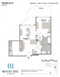 Layout K-T 1 Bed 1 Bath Floor Plan at Water's Edge, Harrison, New Jersey