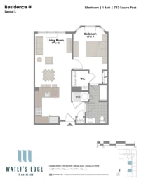 Layout L 1 Bed 1 Bath Floor Plan at Water's Edge, Harrison