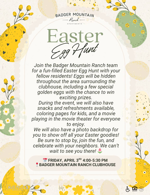 An Easter Egg Hunt event is being held at the Badger Mountain Ranch Clubhouse.