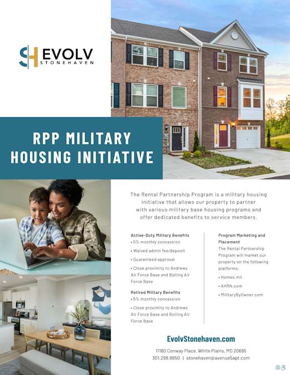 A brochure for the RPP Military Housing Initiative by Evolv Stonehaven, detailing benefits and program information.