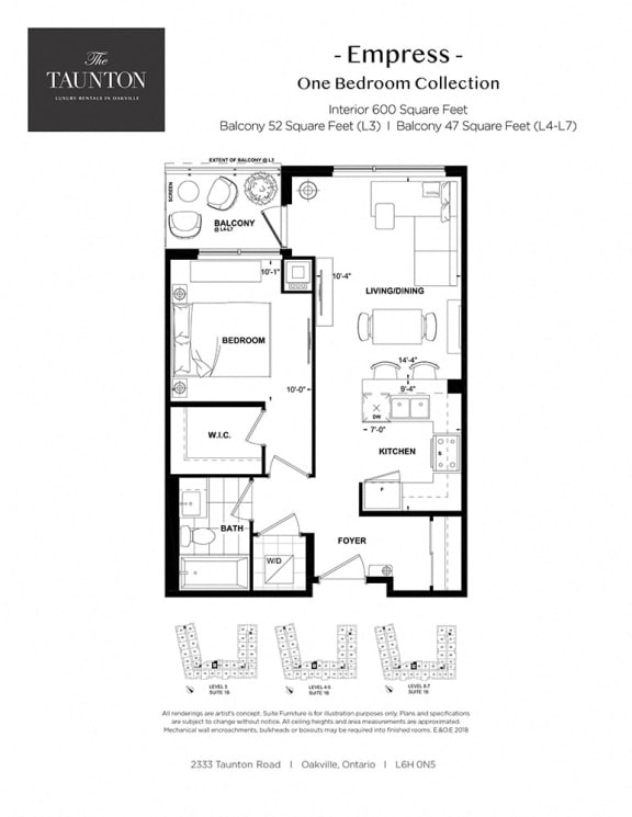 One bedroom, one bathroom apartment layout at The Taunton in Oakville, ON