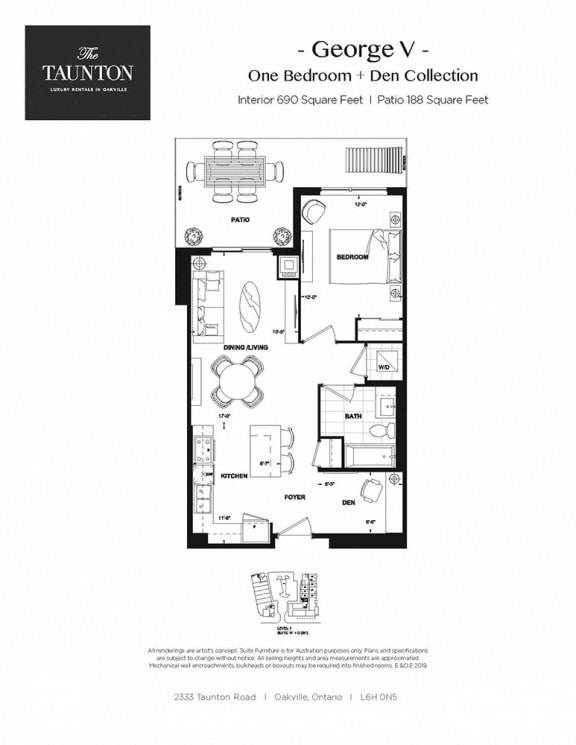 One bedroom plus den, one bathroom apartment layout at The Taunton in Oakville, ON