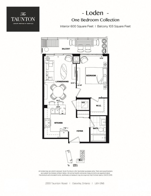 One bedroom, one bathroom apartment layout at The Taunton in Oakville, ON