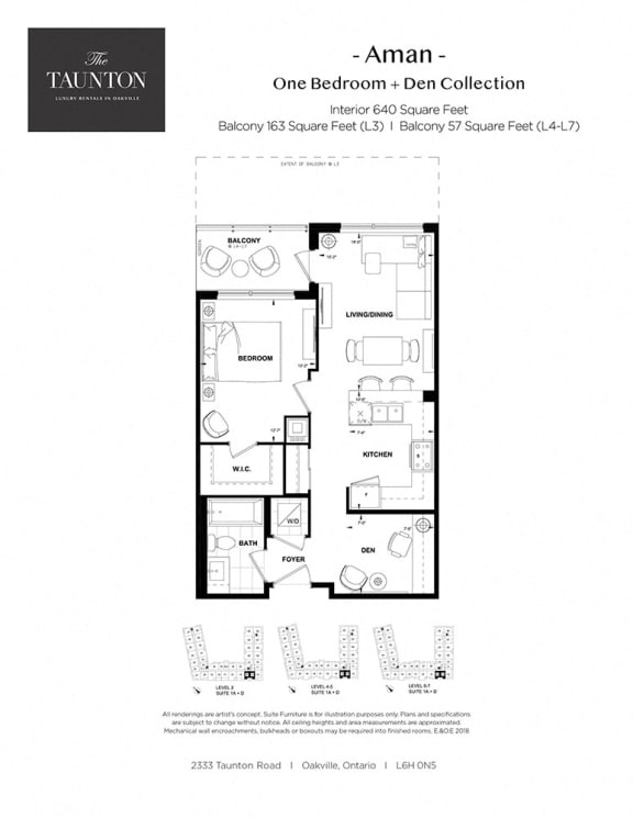 One bedroom plus den, one bathroom apartment layout at The Taunton in Oakville, ON