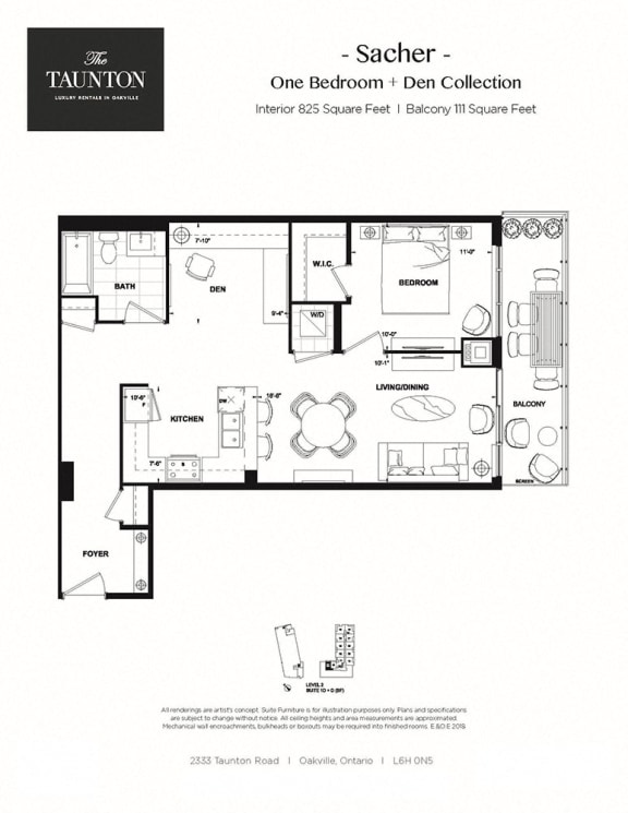 One bedroom plus den, one bathroom apartment layout at The Taunton in Oakville, ON