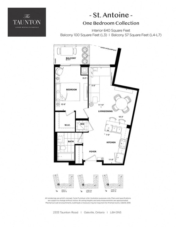 One bedroom, one bathroom apartment layout at The Taunton in Oakville, ON