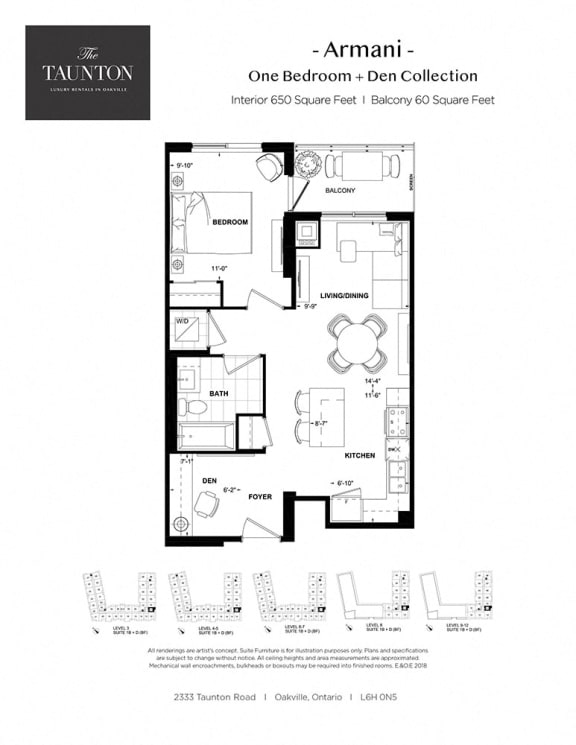One bedroom plus den, one bathroom apartment layout at The Taunton in Oakville, ON