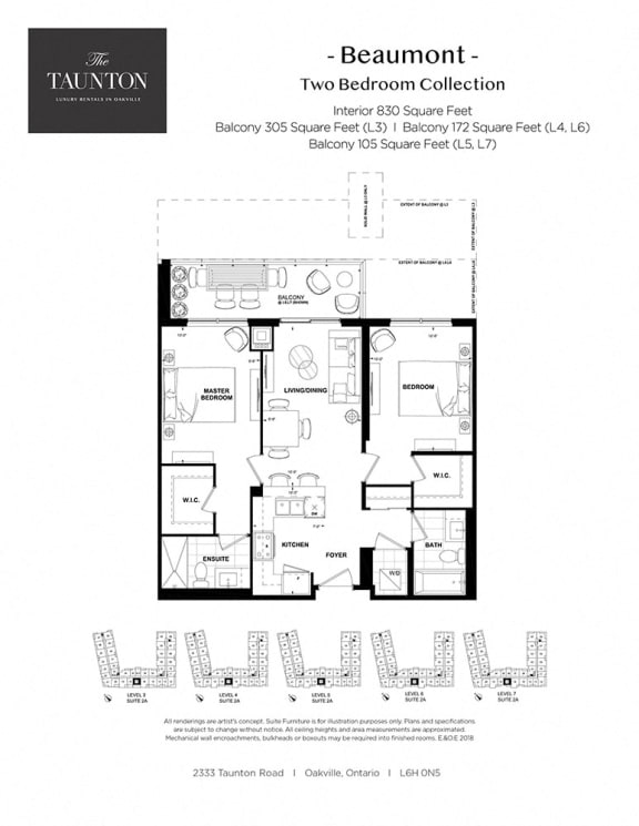Two bedroom, two bathroom apartment layout at The Taunton in Oakville, ON
