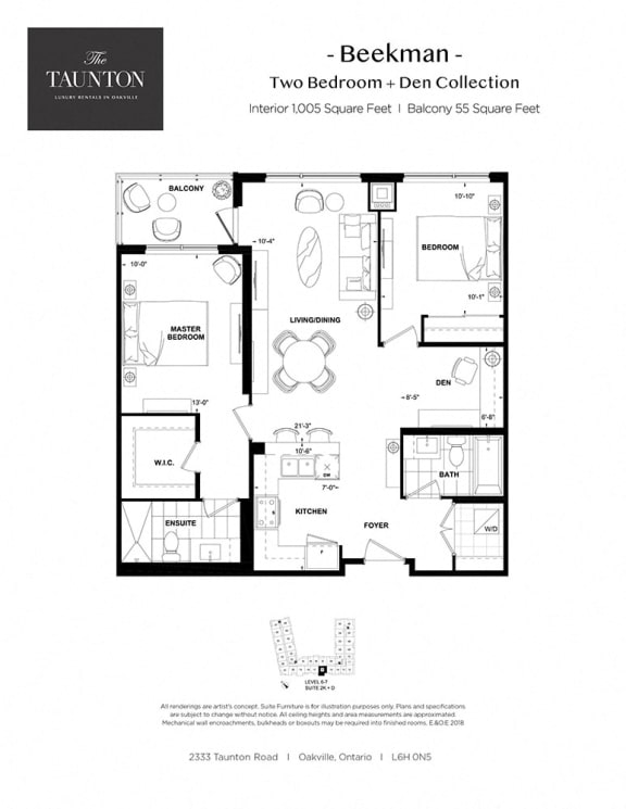 Two bedroom plus den, two bathroom apartment layout at The Taunton in Oakville, ON