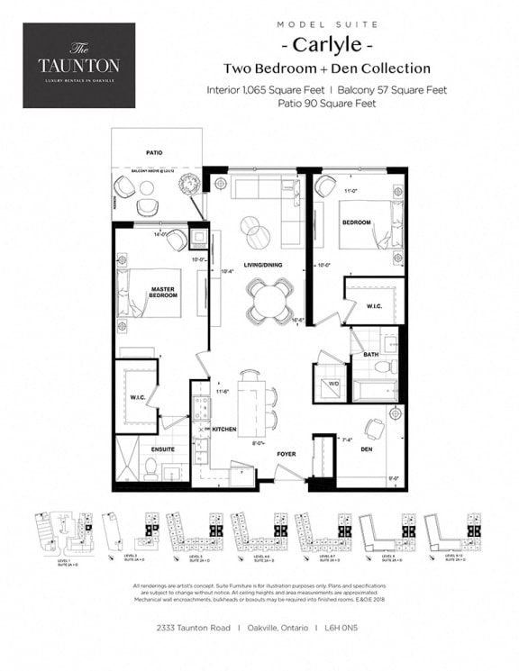 Two bedroom plus den, two bathroom apartment layout at The Taunton in Oakville, ON