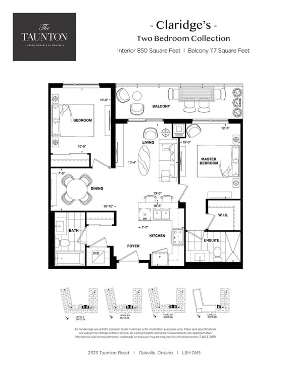 Two bedroom, two bathroom apartment layout at The Taunton in Oakville, ON