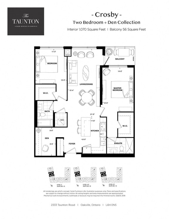 Two bedroom plus den, two bathroom apartment layout at The Taunton in Oakville, ON