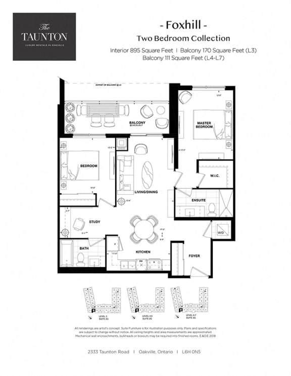 Two bedroom, two bathroom apartment layout at The Taunton in Oakville, ON
