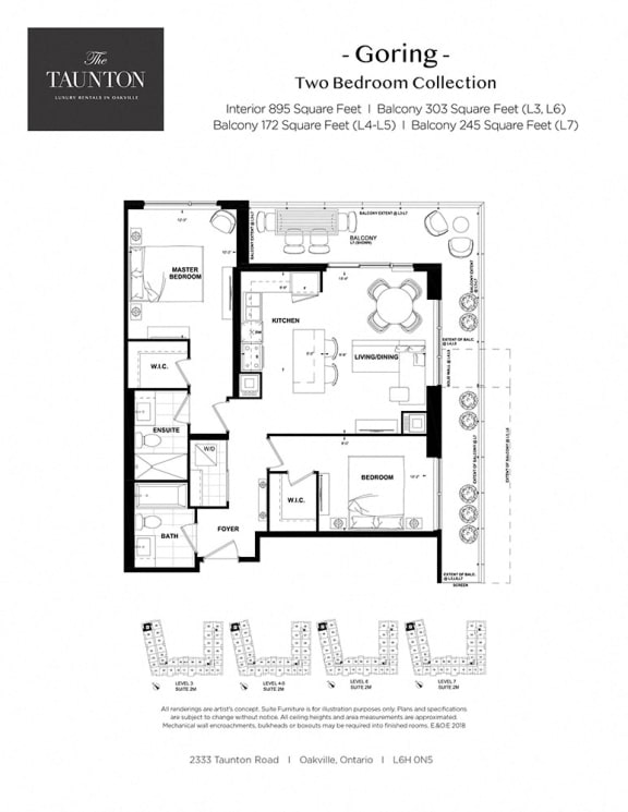 Two bedroom, two bathroom apartment layout at The Taunton in Oakville, ON