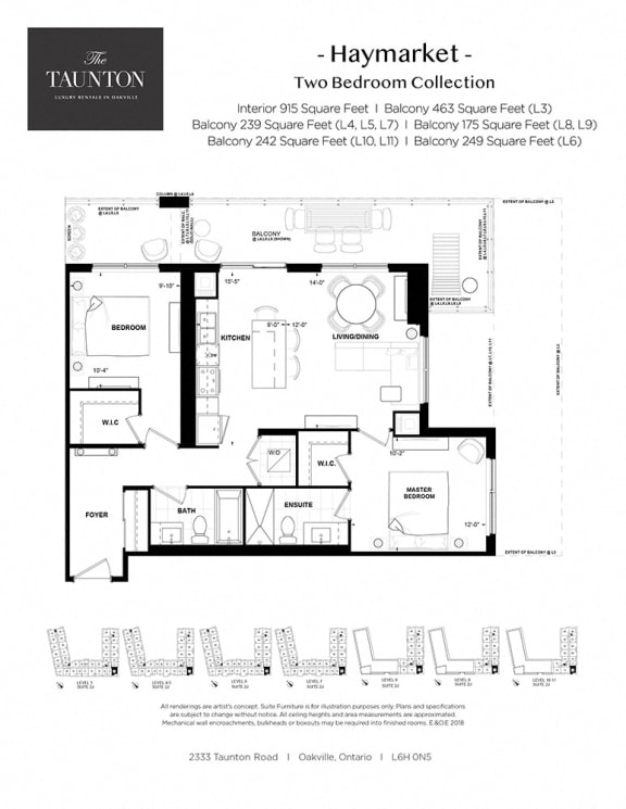 Two bedroom, two bathroom apartment layout at The Taunton in Oakville, ON