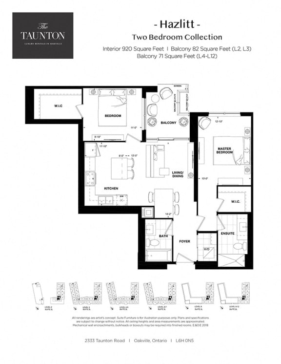 Two bedroom, two bathroom apartment layout at The Taunton in Oakville, ON