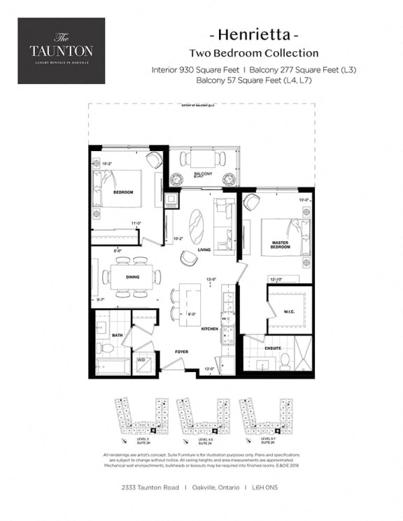 Two bedroom, two bathroom apartment layout at The Taunton in Oakville, ON