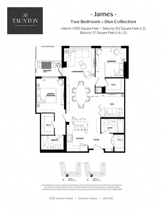 Two bedroom plus den, two bathroom apartment layout at The Taunton in Oakville, ON