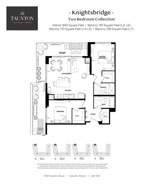 Two bedroom, two bathroom apartment layout at The Taunton in Oakville, ON
