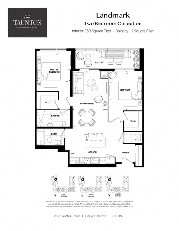 Two bedroom, two bathroom apartment layout at The Taunton in Oakville, ON