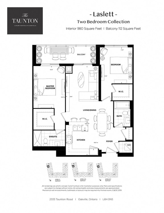 Two bedroom, two bathroom apartment layout at The Taunton in Oakville, ON