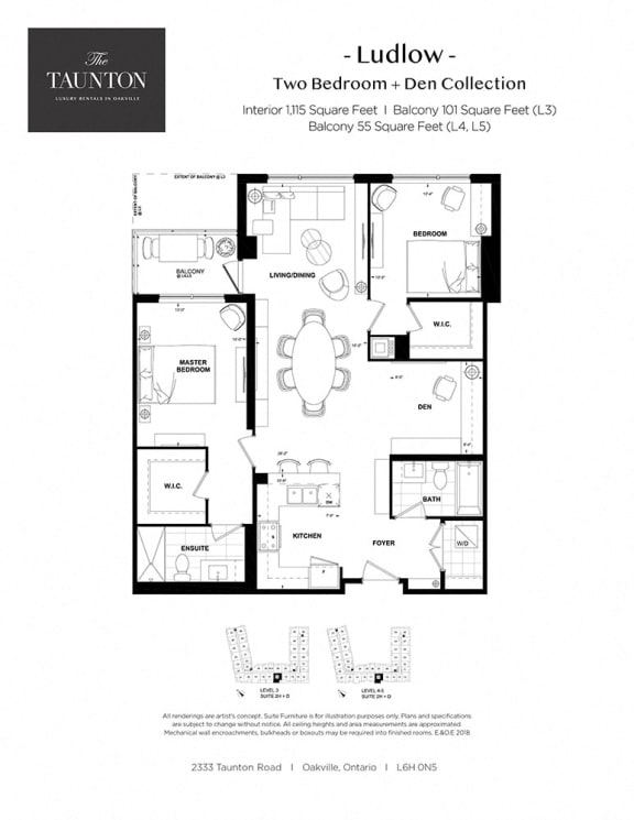 Two bedroom plus den, two bathroom apartment layout at The Taunton in Oakville, ON