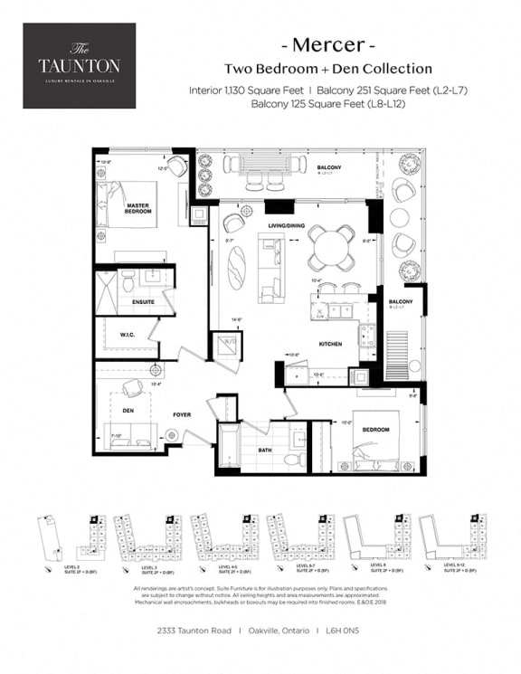 Two bedroom plus den, two bathroom apartment layout at The Taunton in Oakville, ON