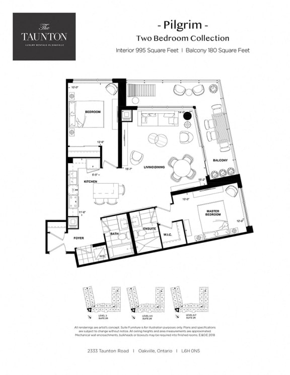Two bedroom, two bathroom apartment layout at The Taunton in Oakville, ON