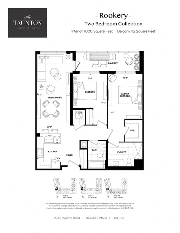 Two bedroom, two bathroom apartment layout at The Taunton in Oakville, ON