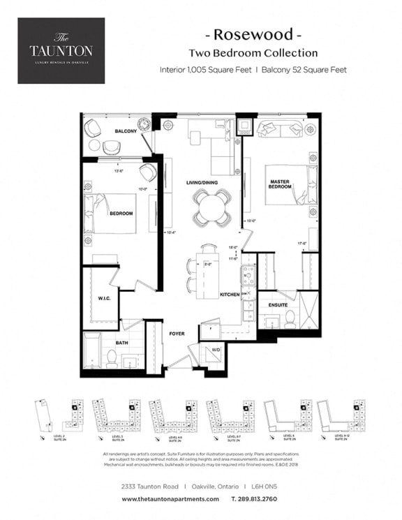 Two bedroom, two bathroom apartment layout at The Taunton in Oakville, ON