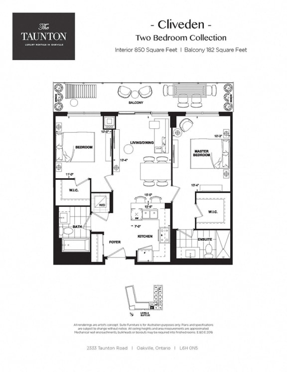 Two bedroom, two bathroom apartment layout at The Taunton in Oakville, ON