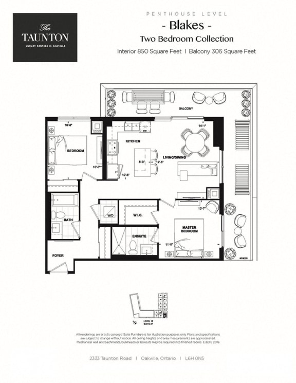 Two bedroom, two bathroom apartment layout at The Taunton in Oakville, ON