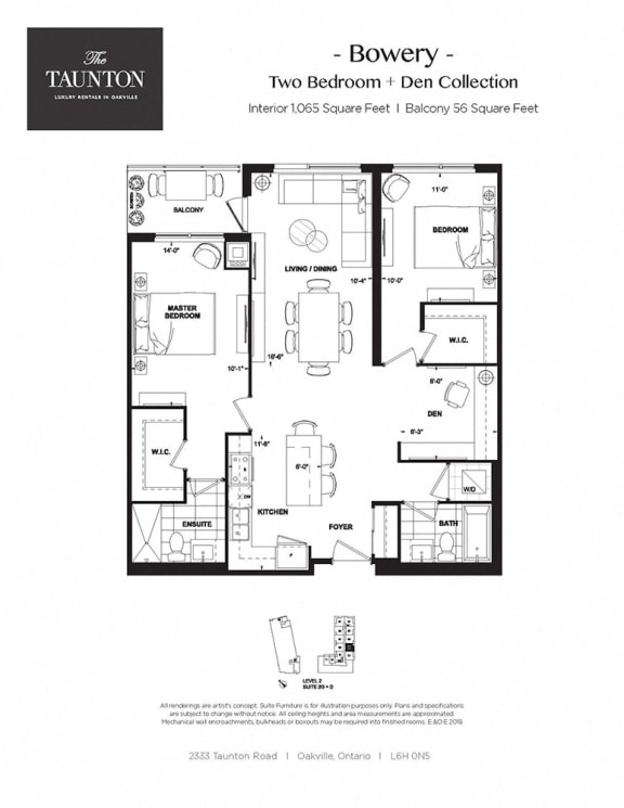 Two bedroom plus den, two bathroom apartment layout at The Taunton in Oakville, ON