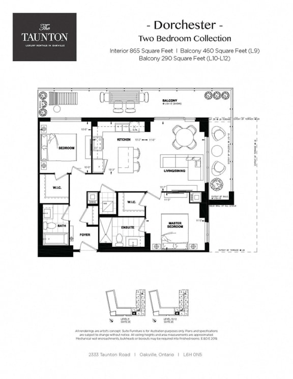 Two bedroom, two bathroom apartment layout at The Taunton in Oakville, ON