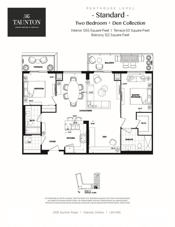 Two bedroom plus den, two bathroom apartment layout at The Taunton in Oakville, ON