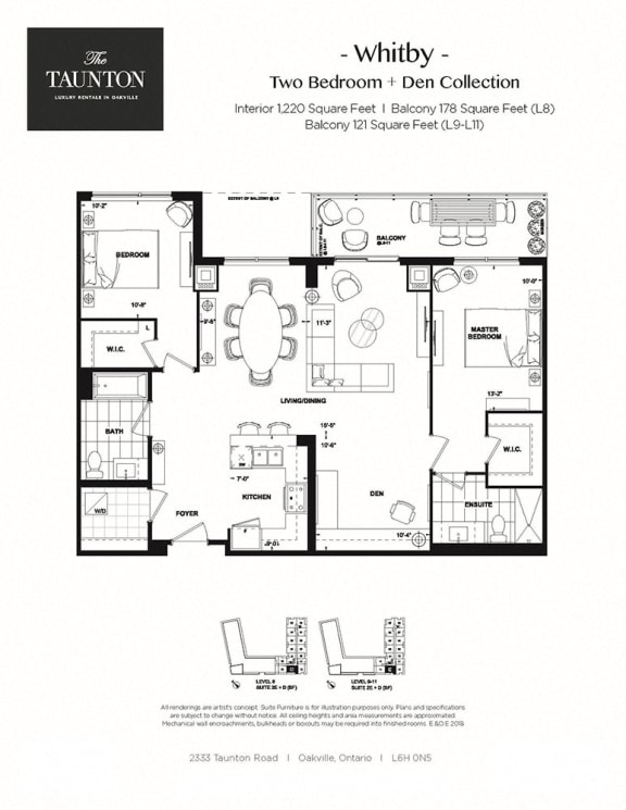 Two bedroom plus den, two bathroom apartment layout at The Taunton in Oakville, ON