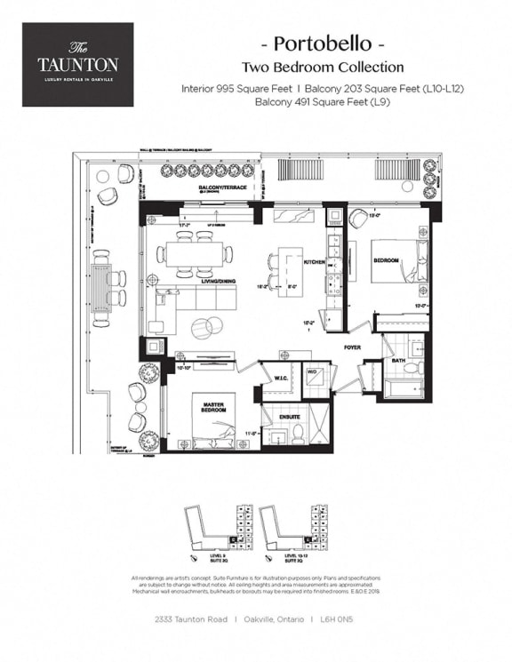 Two bedroom, two bathroom apartment layout at The Taunton in Oakville, ON