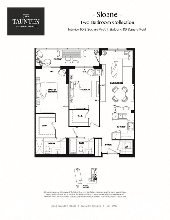 Two bedroom, two bathroom apartment layout at The Taunton in Oakville, ON