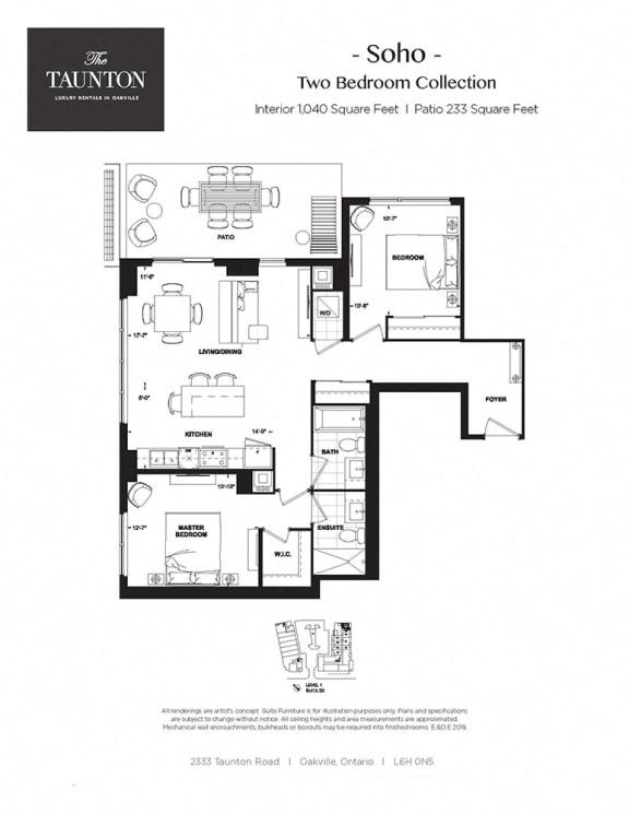Two bedroom, two bathroom apartment layout at The Taunton in Oakville, ON