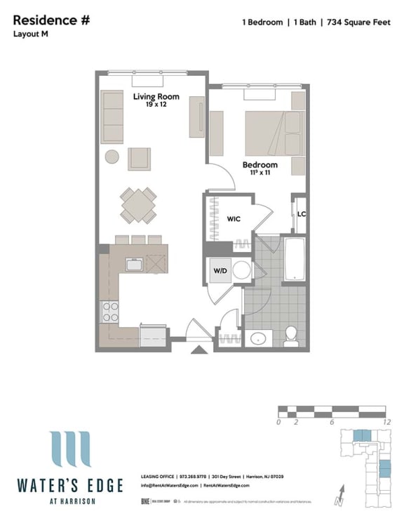 Layout M 1 Bed 1 Bath Floor Plan at Water&#x27;s Edge, New Jersey, 07029