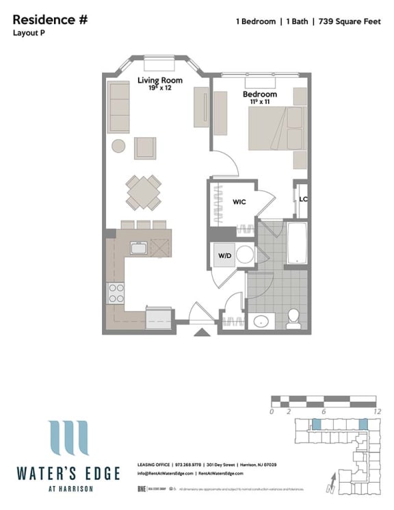 Layout P 1 Bed 1 Bath Floor Plan at Water&#x27;s Edge, Harrison, New Jersey